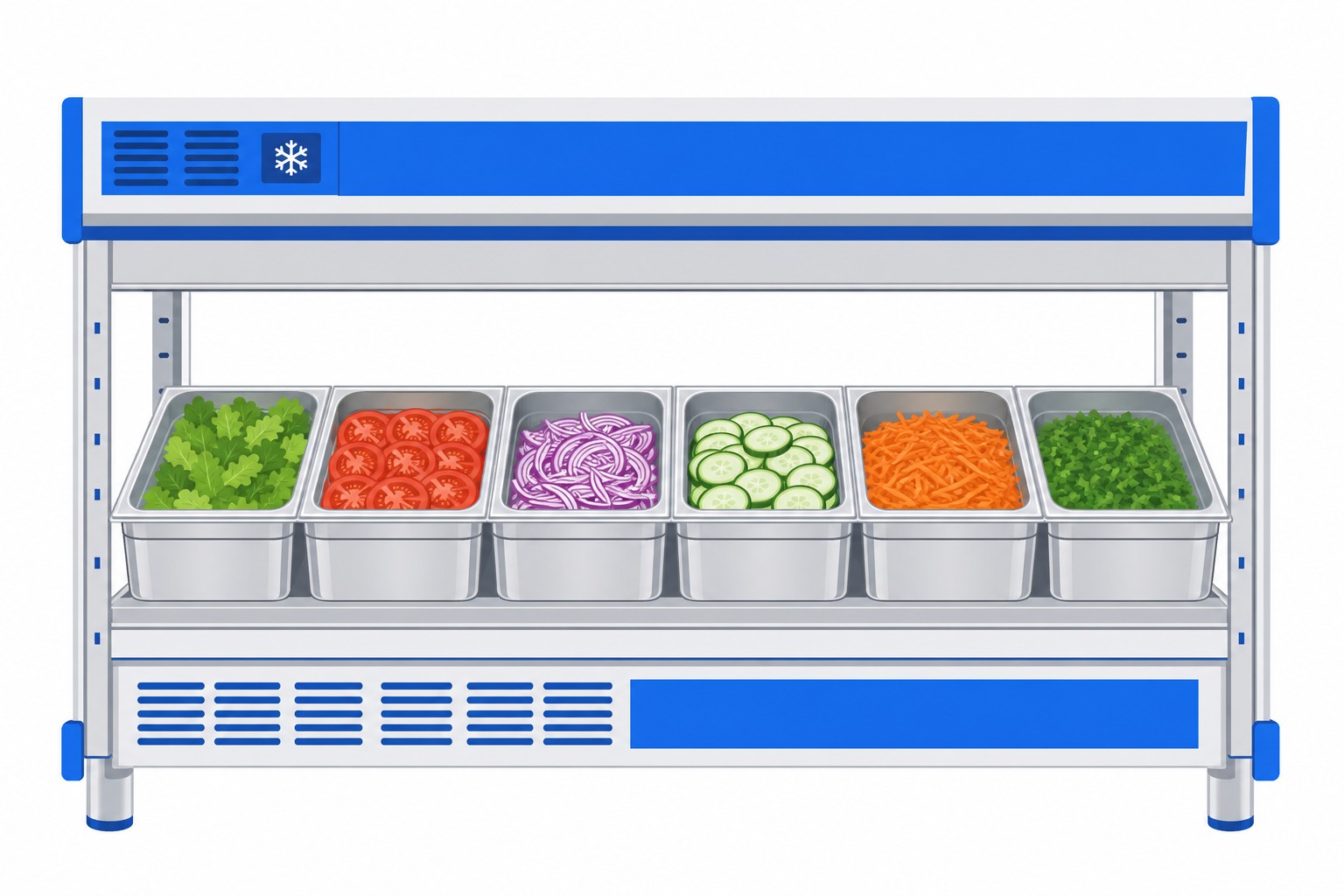 A commercial kitchen refrigerator shelf with several identical stainless steel containers slotted in perfectly with no gaps