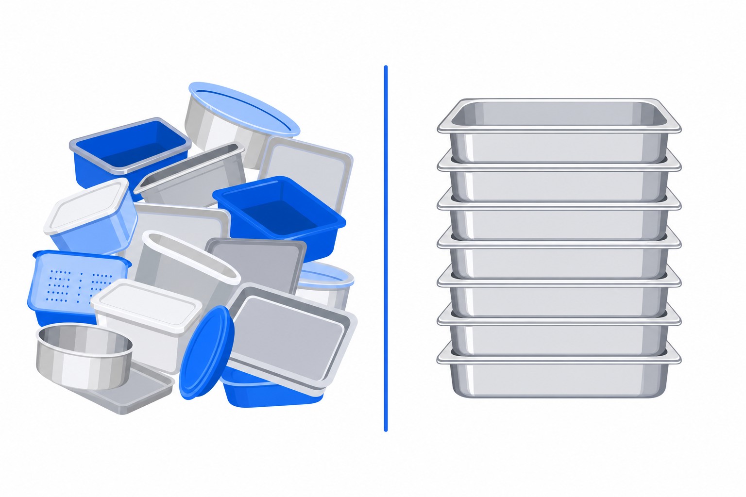 A chaotic pile of mismatched containers beside a neat identical stack of stainless steel gastronorm containers