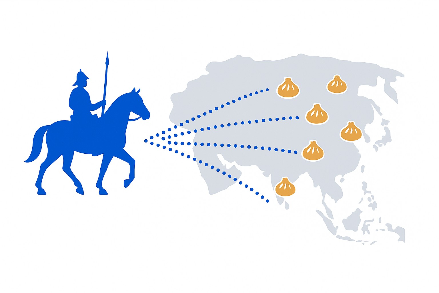 Illustration of a horse-mounted rider silhouette beside a small steaming dumpling
