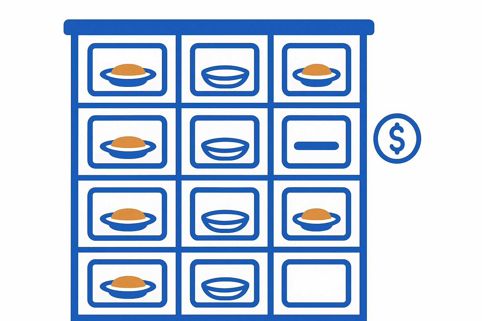 Illustration of a coin-operated vending window beside a beer stein and a sausage on a fork