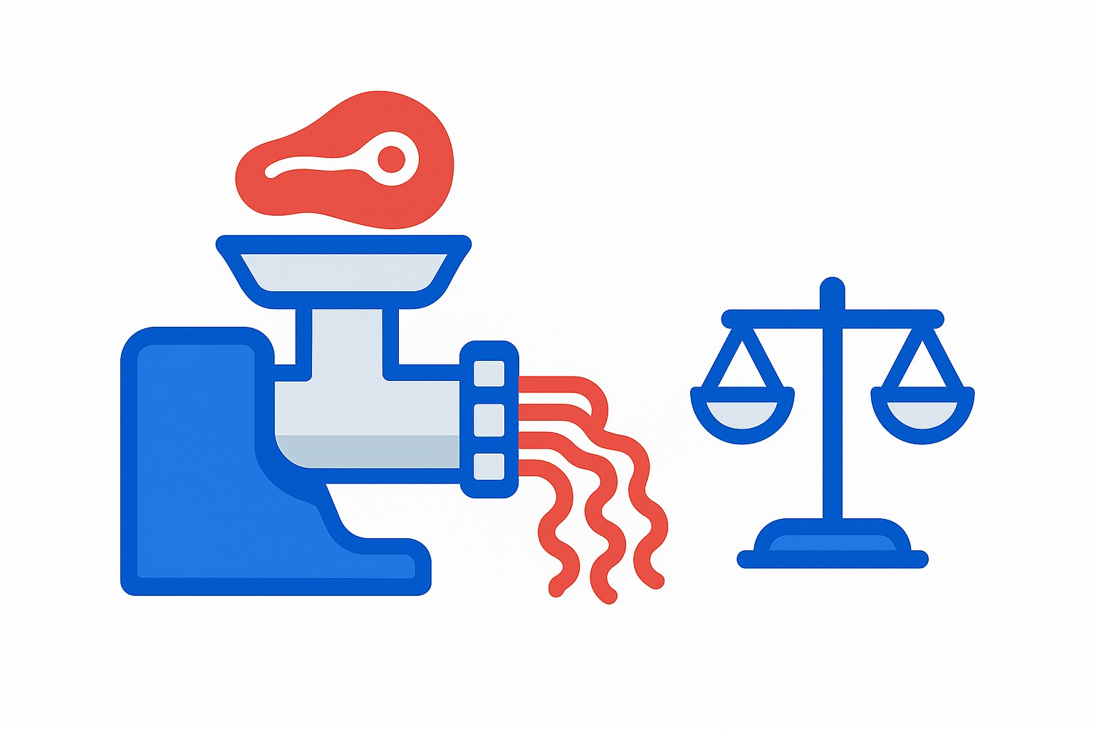 SVG illustration of a commercial meat grinder beside a cost calculation dashboard showing yield percentages and price comparisons