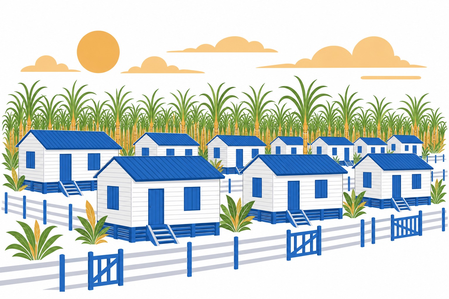 Rows of simple wooden plantation worker housing separated by fences, with sugarcane fields behind them
