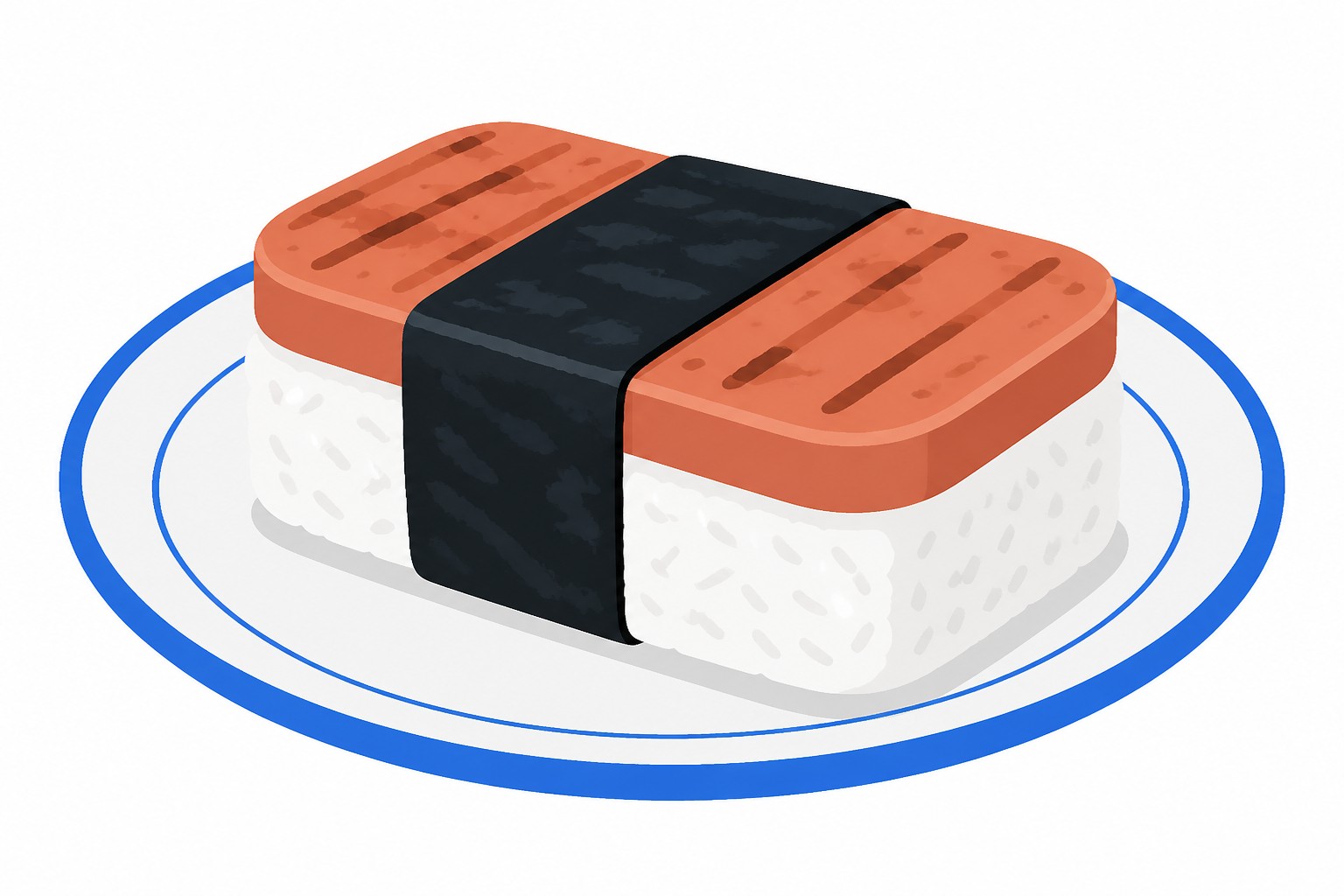 A Spam musubi: a grilled slice of Spam atop a block of rice, wrapped partway in nori
