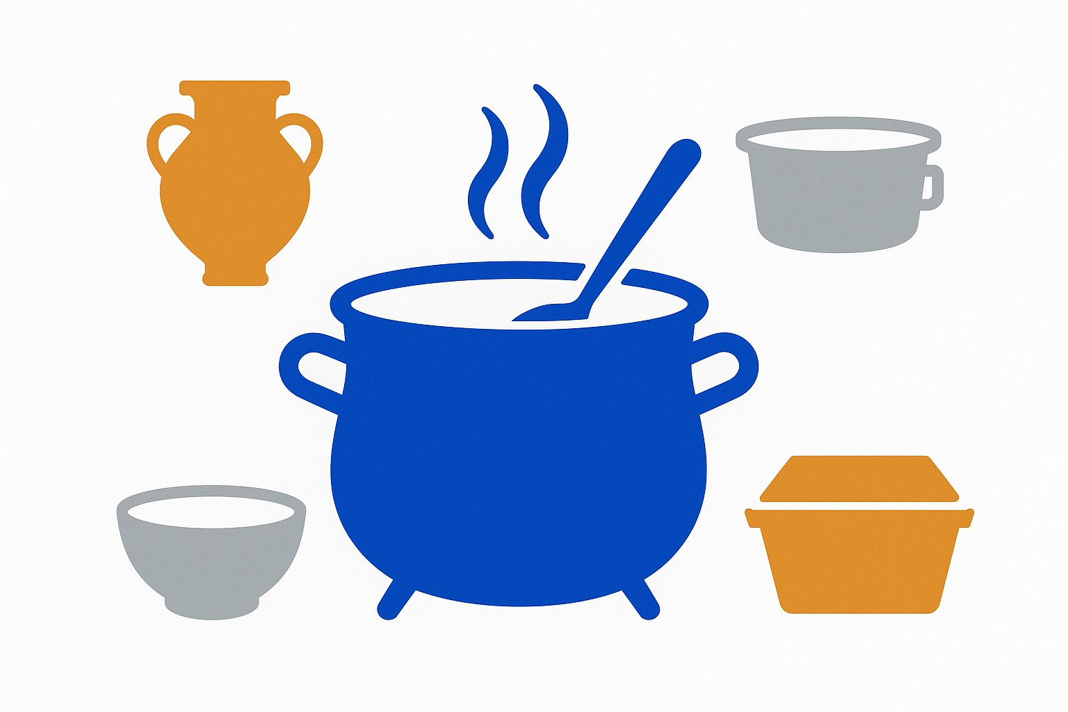 Illustration of a large communal soup pot with several bowls arranged around it