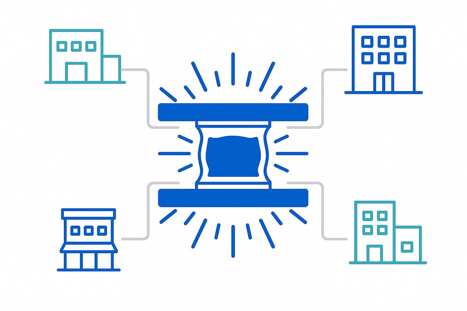 Illustration of a central kitchen hub connected by arrows to multiple hospital and care home sites, with a shelf-life timeline and HPP pressure vessel graphic