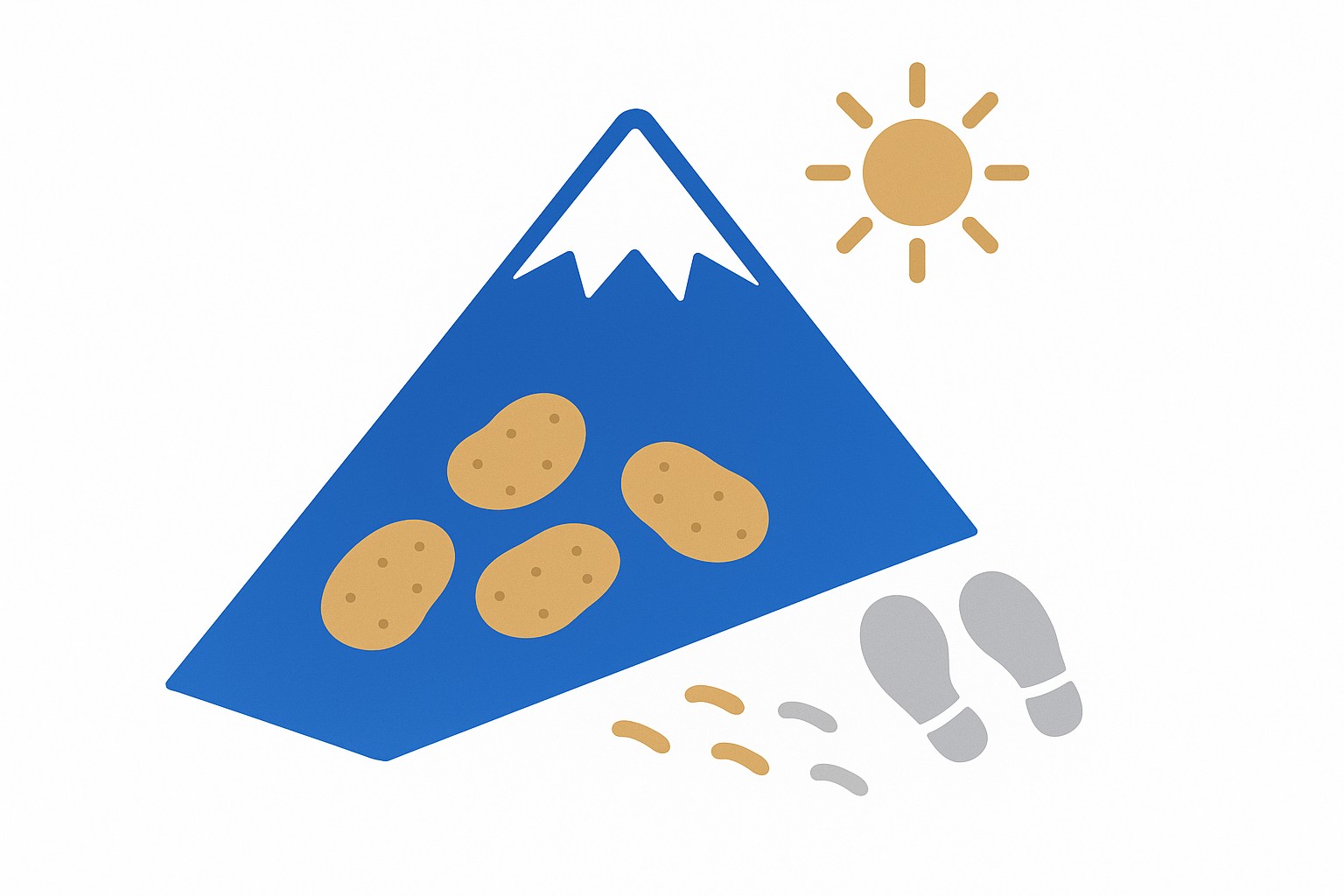 Illustration of a potato beside snow-capped mountain peaks and sun rays