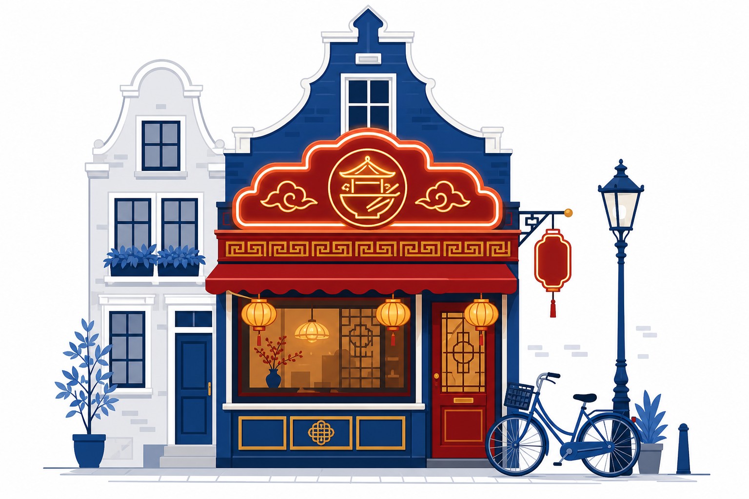 Devanture chaleureuse d'un restaurant sino-indonésien dans une rue de maisons de canal néerlandaises, lanternes allumées, un vélo garé devant