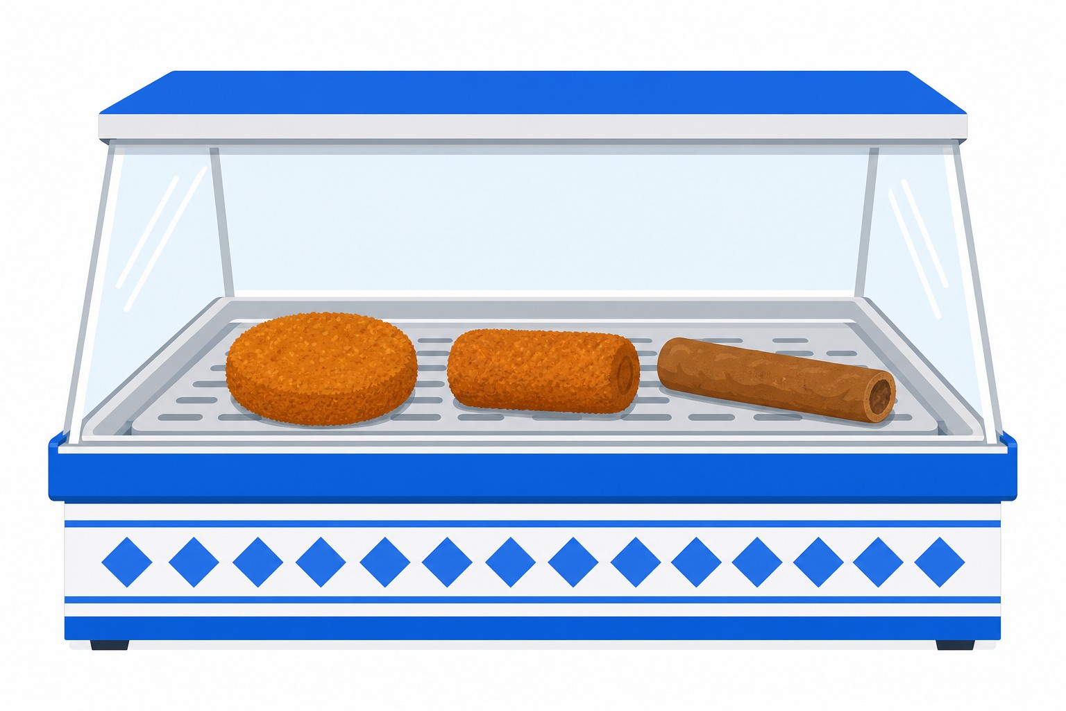 Vitrine d'un snackbar néerlandais avec un bamischijf, un kroket et un frikandel