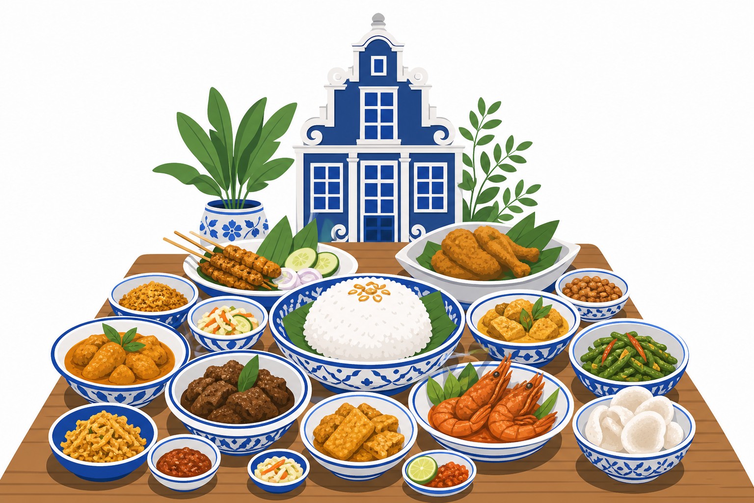 Illustration d'un rijsttafel composé de nombreux petits plats disposés devant une maison de canal néerlandaise