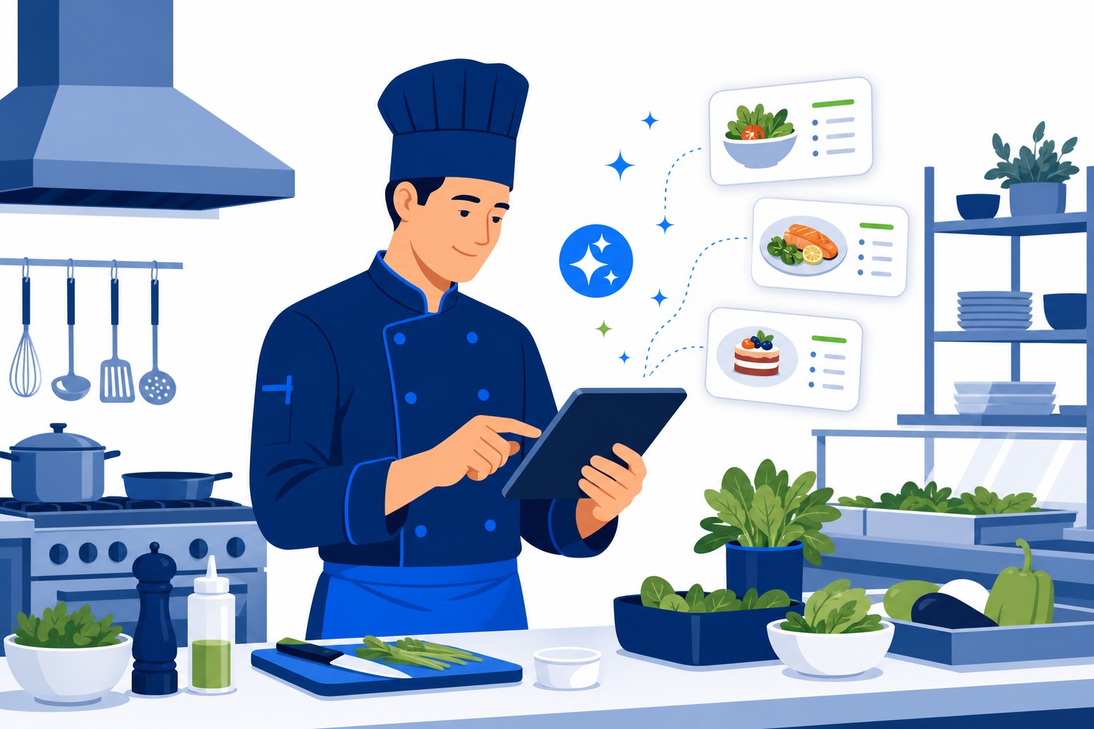 A chef reviewing an AI-generated menu on a tablet in a professional kitchen