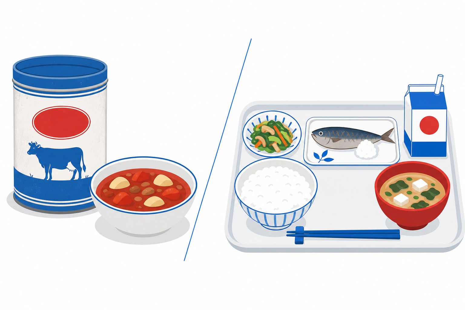Illustration im Split-Format: eine Dose Magermilchpulver von 1946 mit Tomatensuppe neben einem modernen japanischen Schulessen-Tablett