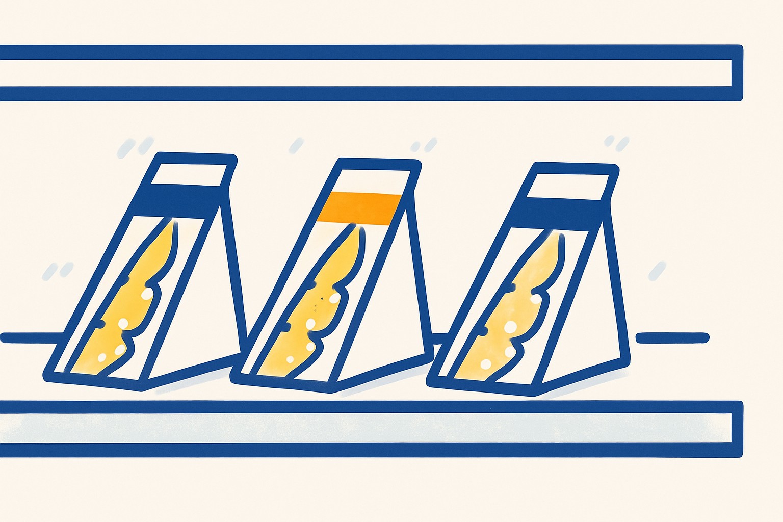 Illustration von drei unterschiedlich grossen Ei-Sando-Dreiecken, aufgereiht auf einem Kühlregal im Convenience-Store, jedes mit einem andersfarbigen Streifen — sinnbildlich für den freundschaftlichen Wettstreit zwischen Japans drei grössten Konbini-Ketten