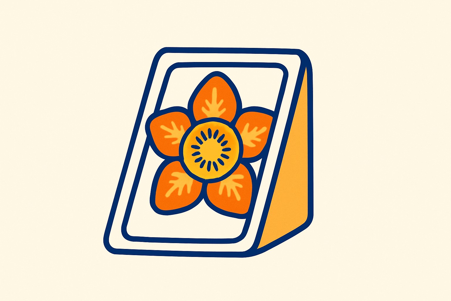 Illustration eines Frucht-Sando-Anschnitts mit halbierten Erdbeeren und einer Kiwischeibe, angeordnet zu einem bewussten Blütenmuster auf Schlagsahne