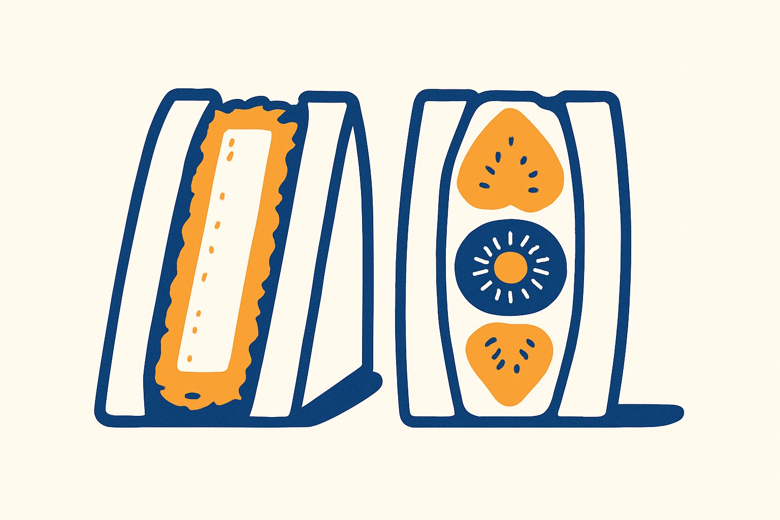 Illustration von zwei Sando-Sandwichhälften nebeneinander: eine herzhafte Katsu-Sando-Hälfte und eine süsse Frucht-Sando-Hälfte, deren Anschnitt Sahne und Früchte zeigt