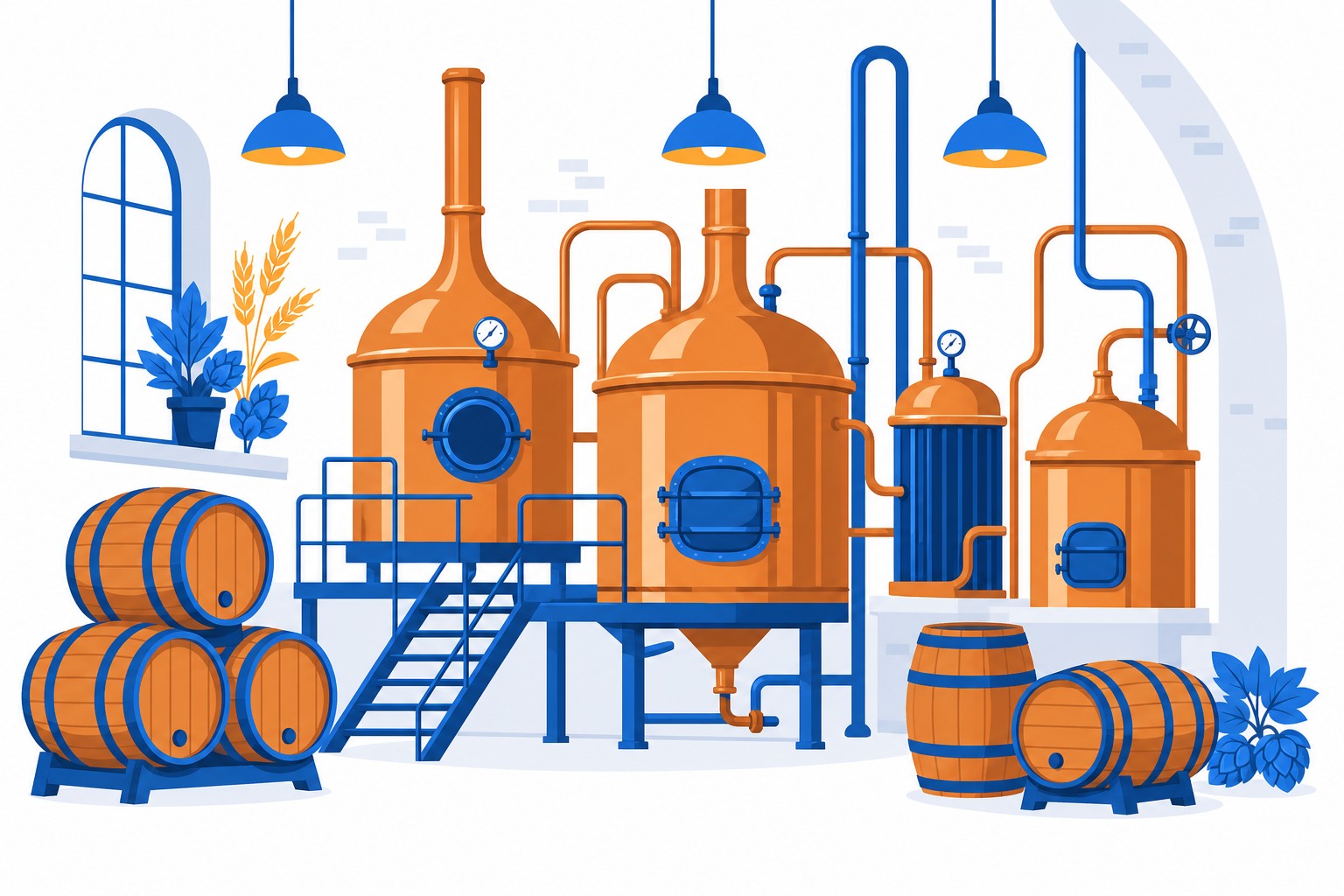 Interieur van een traditionele brouwerij met koperen gistingsvaten en houten vaten