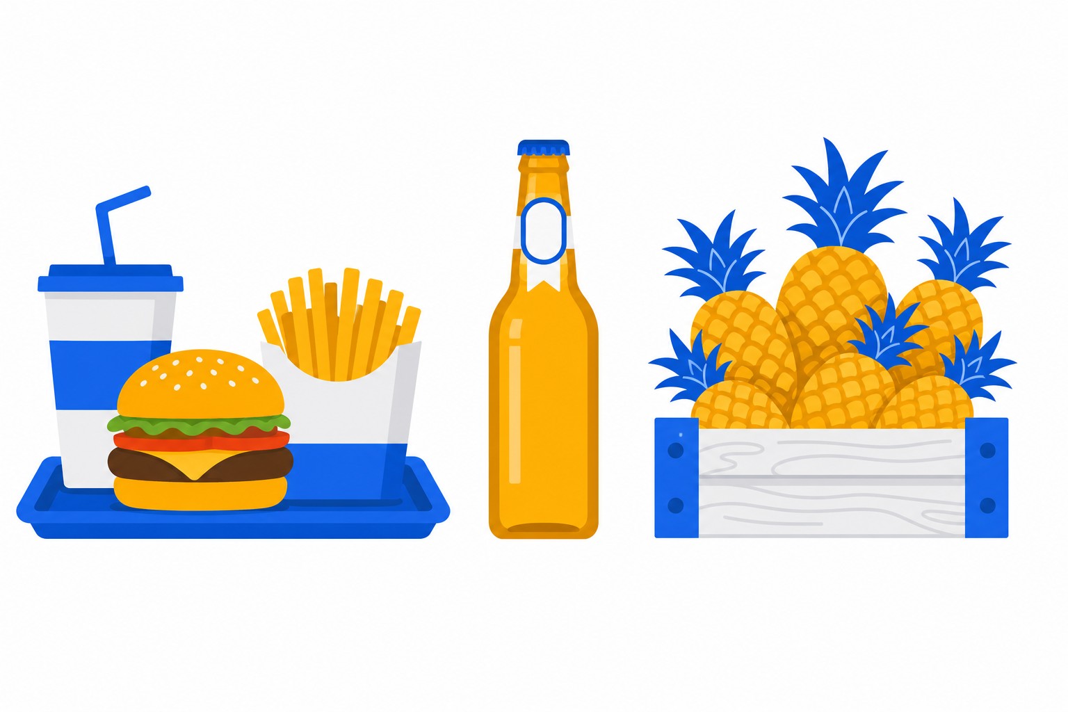 Illustratie van een bij-vormige fastfoodmascotte, een brouwerijfles en een krat ananas, als symbool voor drie wereldwijd opererende merken met Filipijnse roots