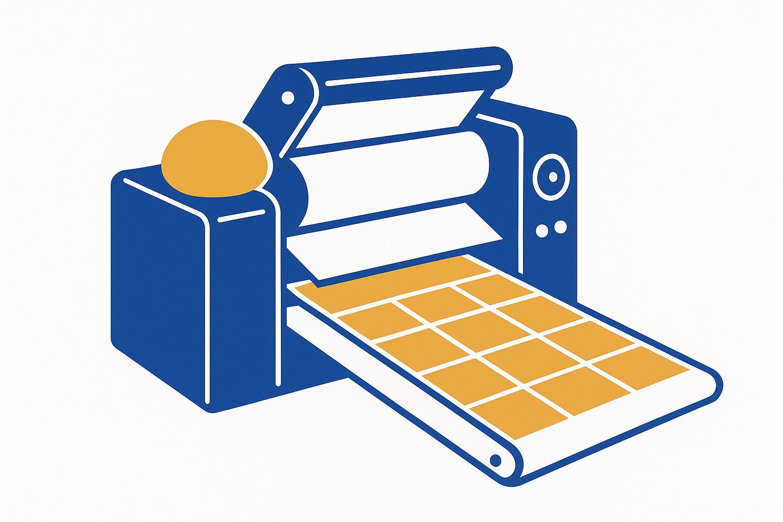 SVG illustration of a commercial dough sheeter machine with overlaid yield calculation icons and cost metrics in a professional bakery setting