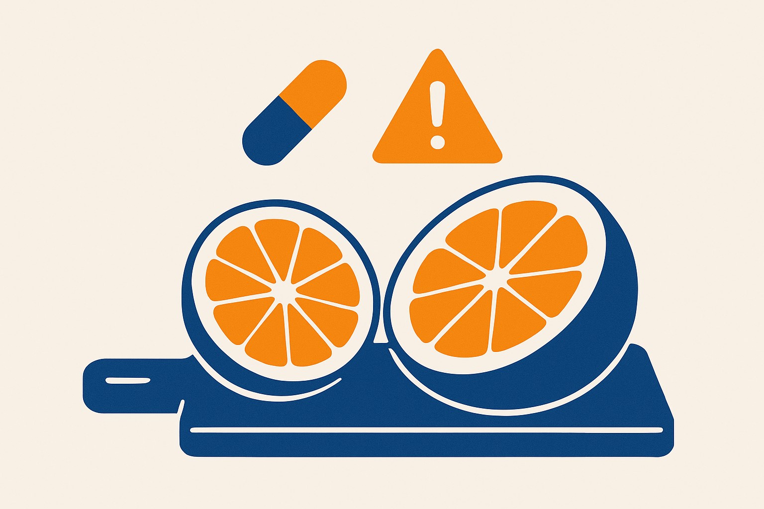 Eine halbierte Grapefruit und eine halbierte Pomelo nebeneinander auf einem Schneidebrett, darüber ein Kapsel-Symbol und ein Warndreieck