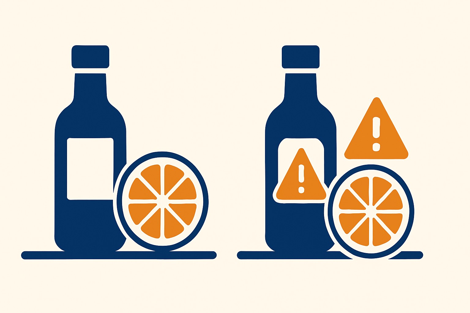 Zweigeteilte Illustration mit zwei fast identischen Flaschen und zwei fast identischen Zitrusfrüchten auf einer Küchenarbeitsplatte, jeweils eine mit einem Warnsymbol markiert, um zu zeigen, dass optisch ähnliche Lebensmittel chemisch und rechtlich nicht gleichwertig sind