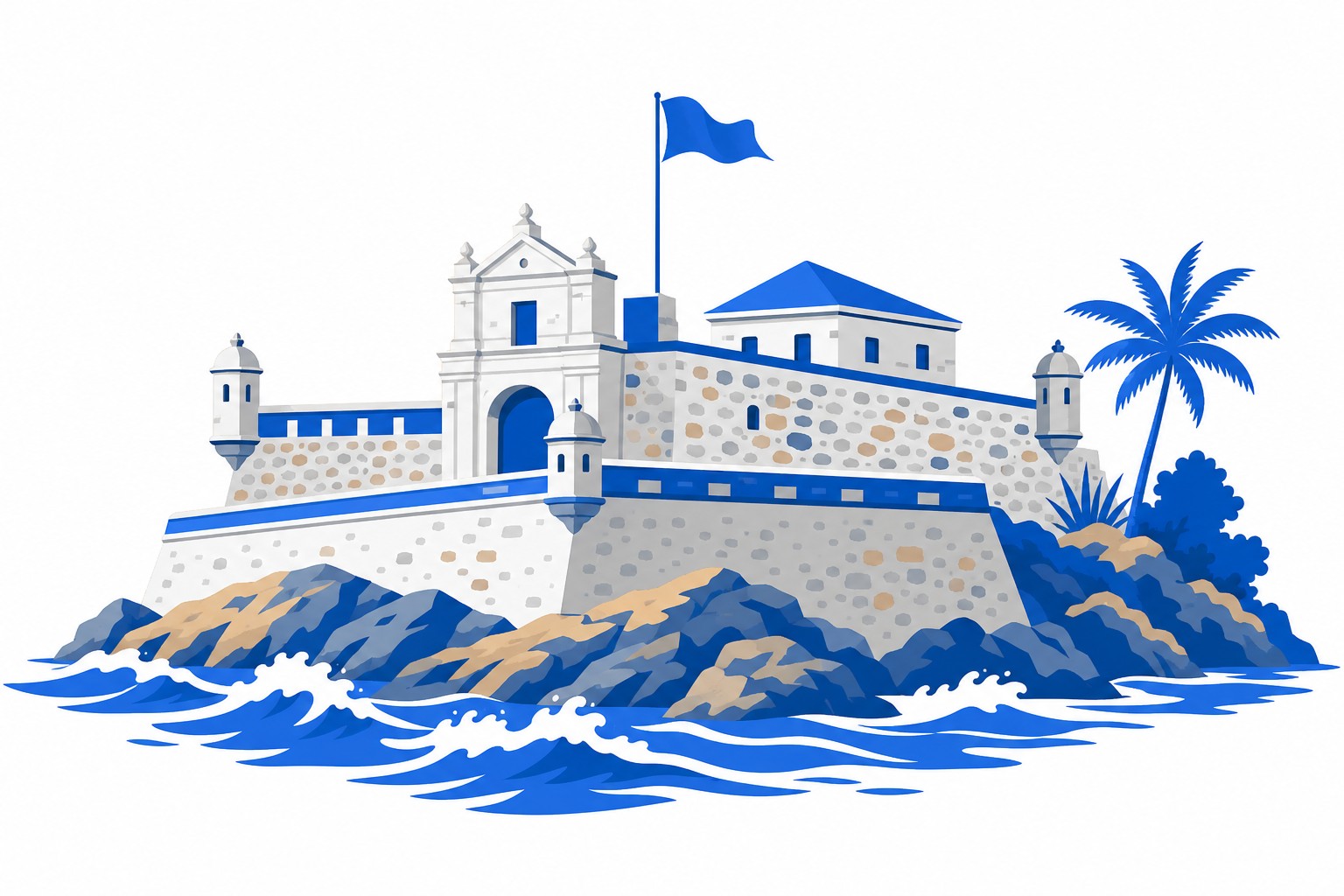 Un fuerte colonial de piedra sobre un promontorio costero rocoso con una bandera ondeando en lo alto
