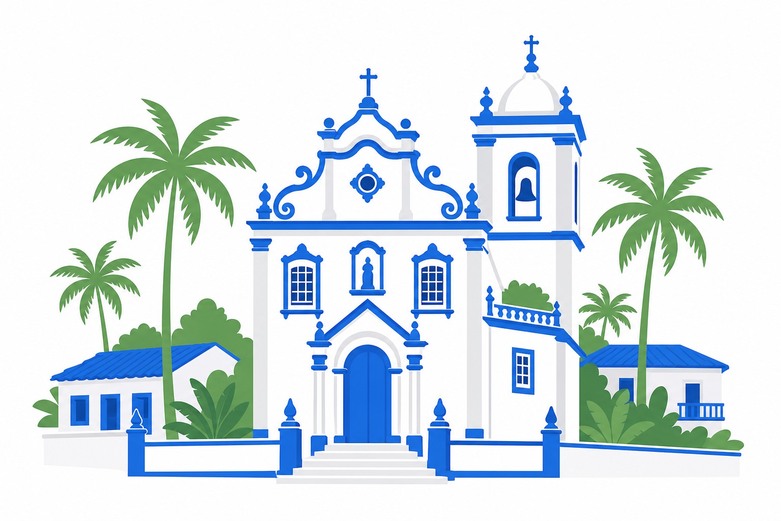 Una iglesia colonial ornamentada en blanco y azul con campanario, rodeada de palmeras