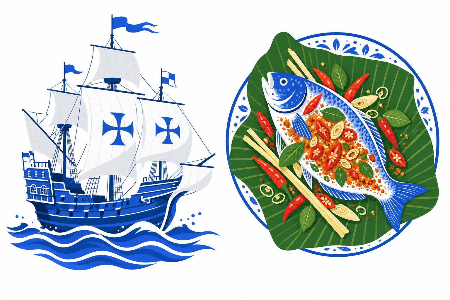 Ilustración de un velero del siglo XVI junto a un plato de pescado especiado de Minahasa