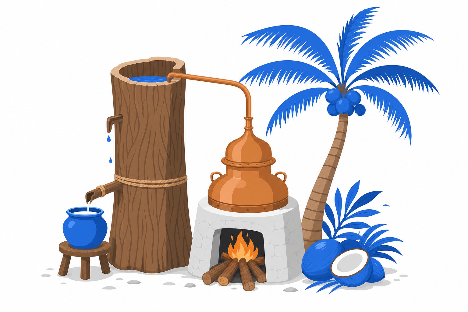 Eine Kokospalme und ein traditioneller Brennapparat für die Kokospalmwein-Destillation als Symbol der Verbindung von Tuba und Tequila