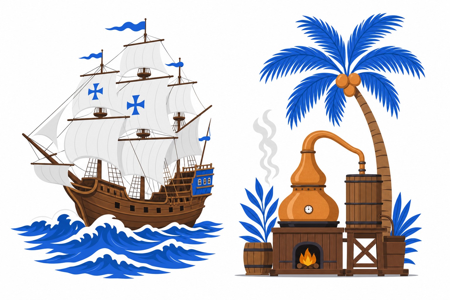 Illustration einer spanischen Galeone neben einer Kokospalme und einem Destillierkolben als Symbol der Handelsroute Manila–Acapulco