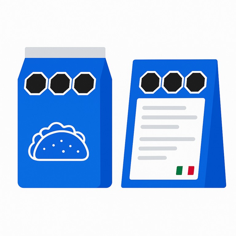 Mexican packaged food with black octagon warning labels for sugar, sodium and fat, flat vector illustration
