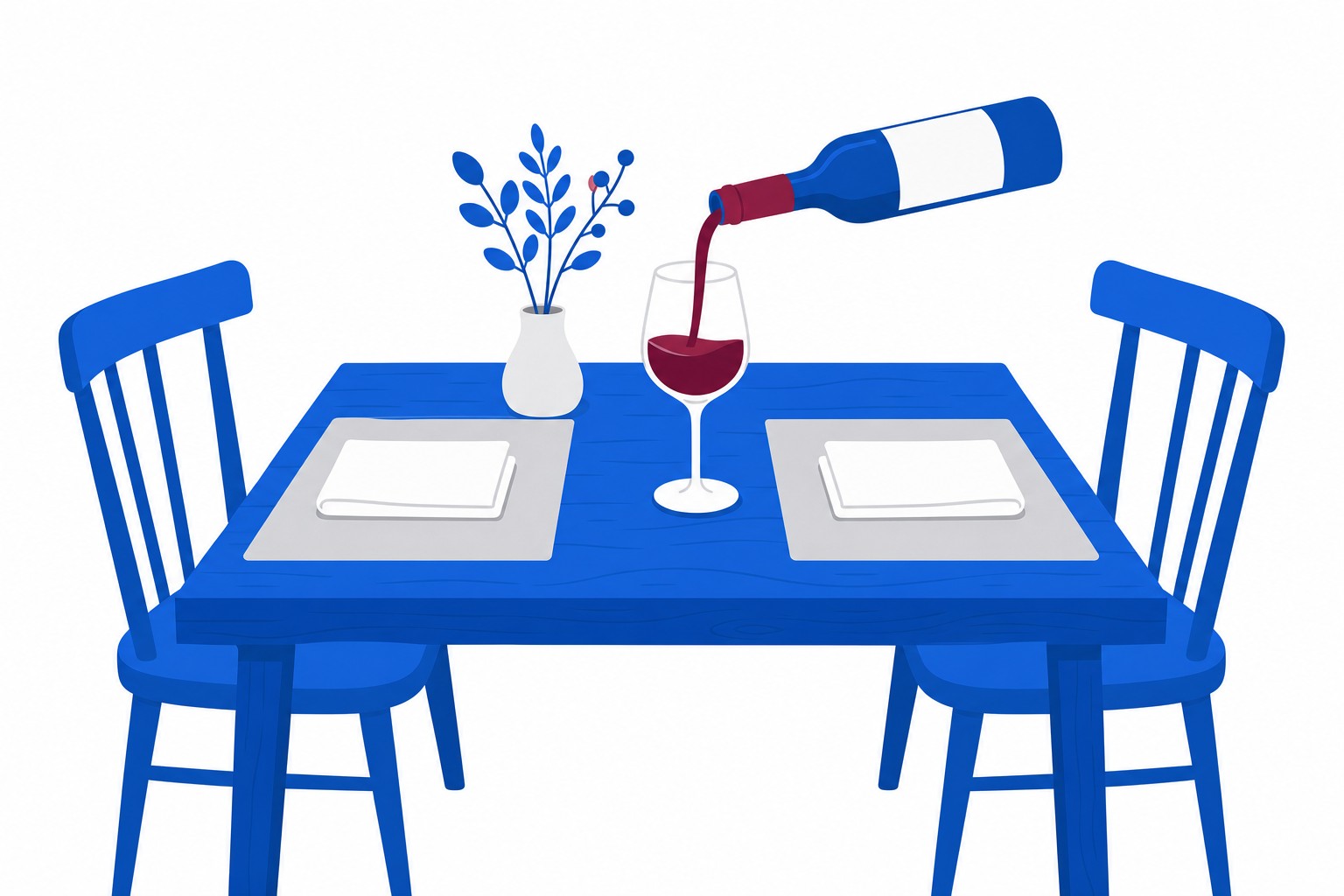 Una mesa de restaurante sencilla sin mantel, con vino siendo servido en una sola copa