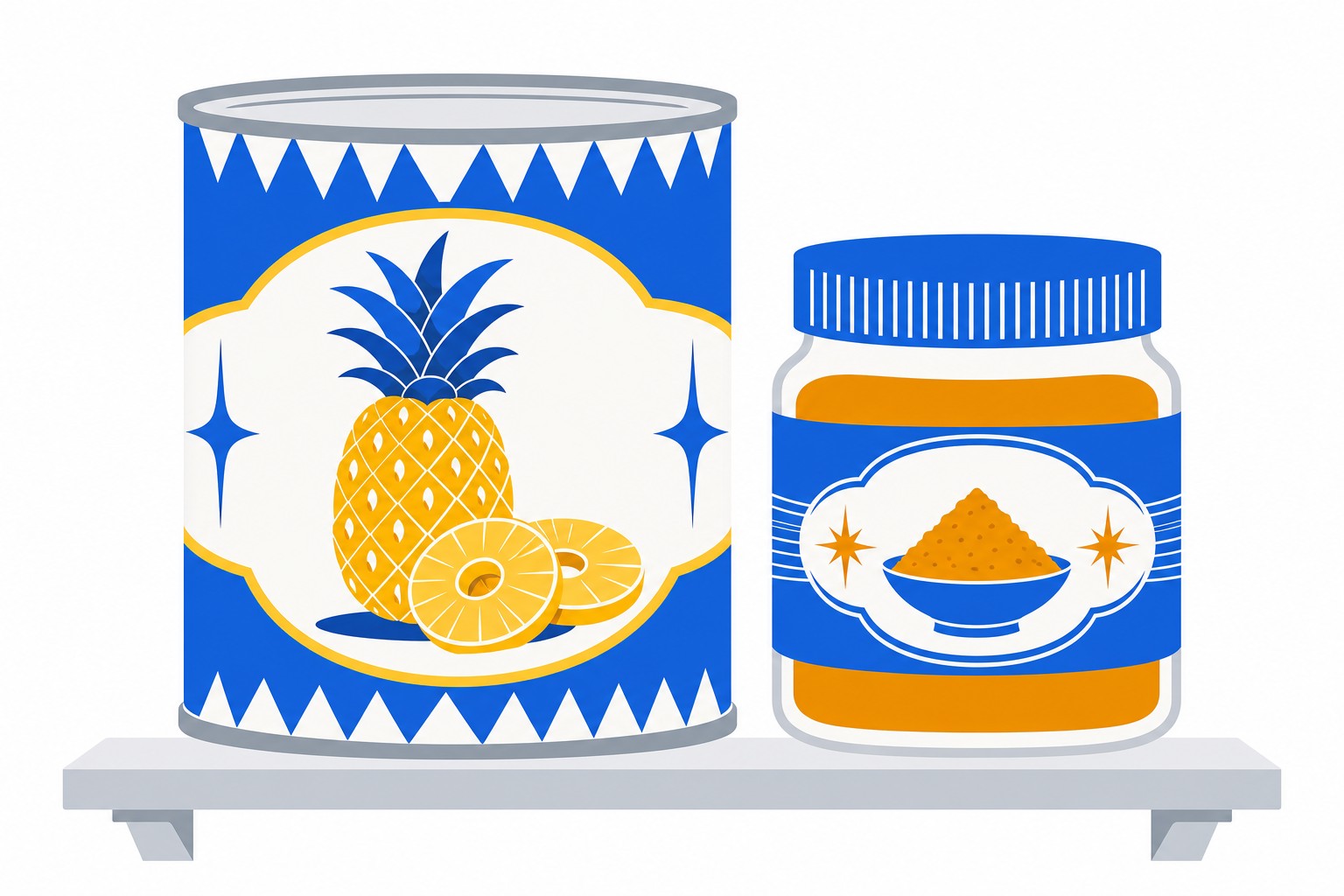 Una lata de piña de estilo vintage junto a un pequeño bote de curry en polvo sobre una estantería