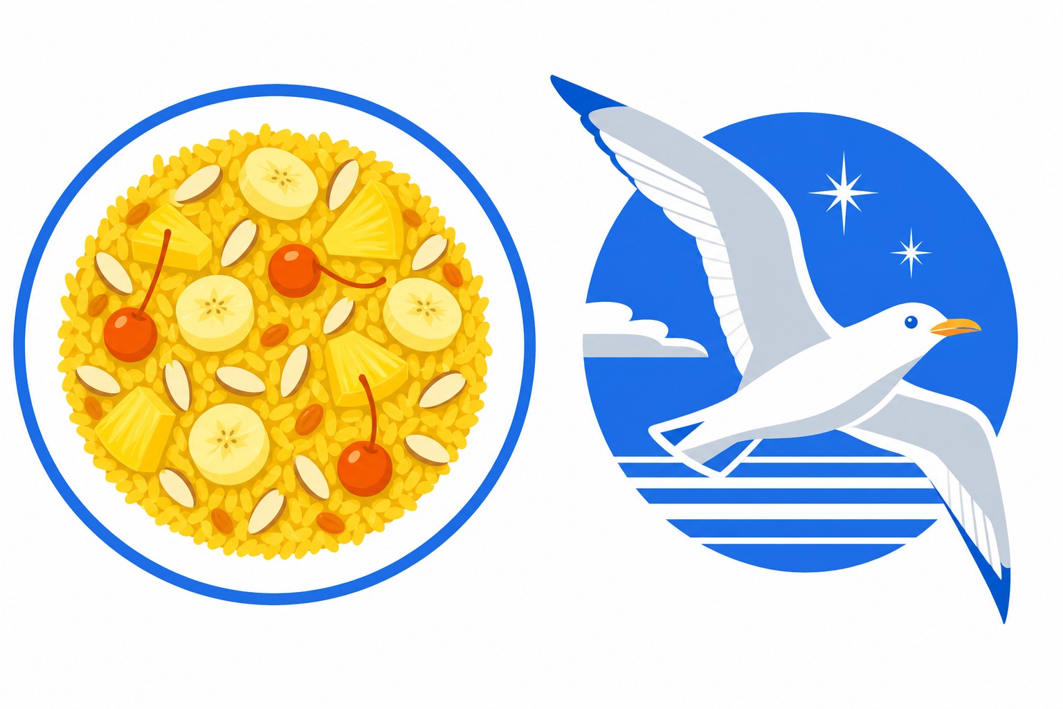 Un plato de Riz Casimir con plátano, piña y cerezas junto a un emblema estilizado de una gaviota en vuelo
