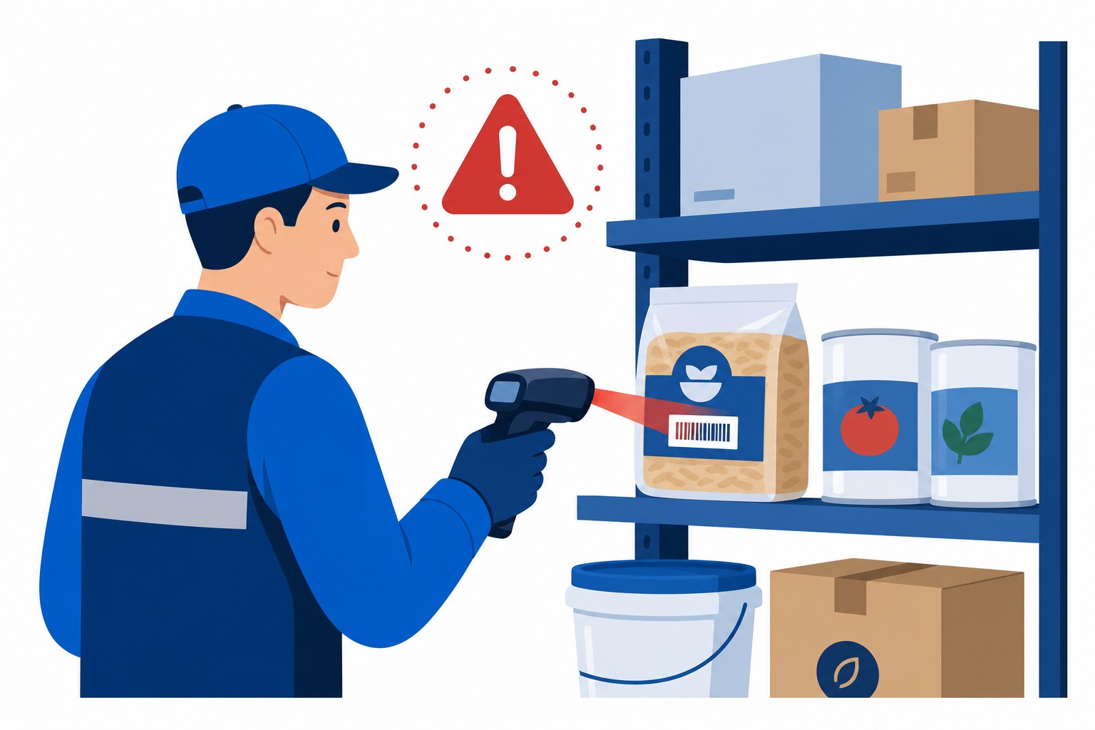 A worker scanning a food product batch code on a warehouse shelf, with a recall alert icon nearby