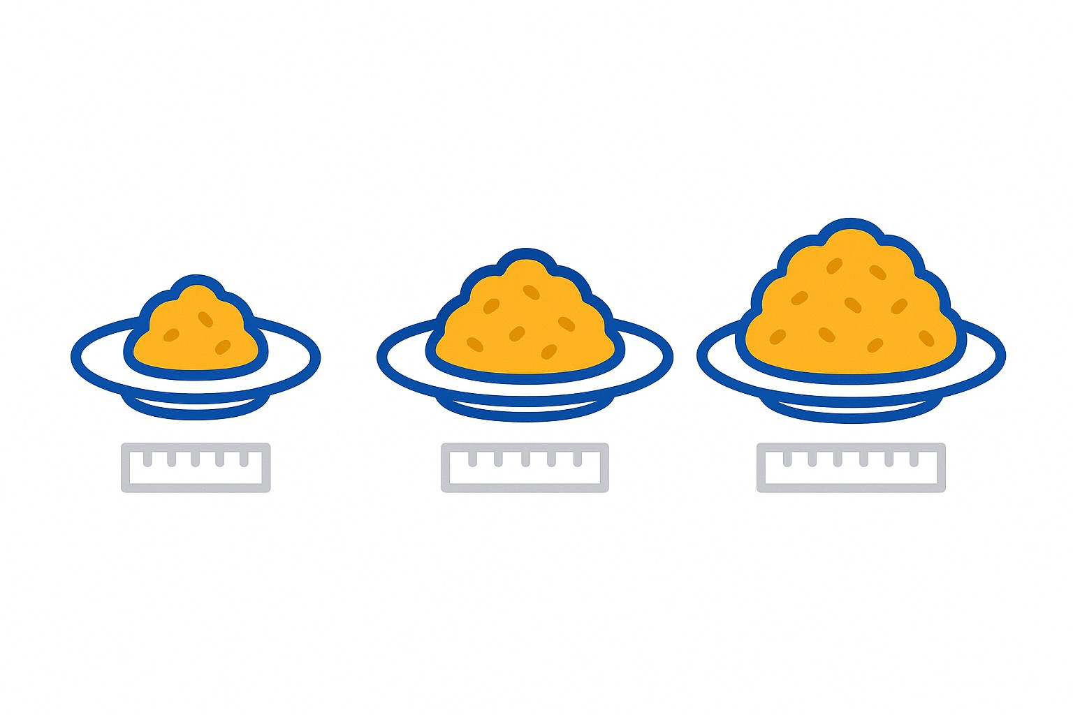 Flat illustration of a single speech bubble branching into three plates, each holding a different-sized portion of food, representing how one spoken instruction produces three different results