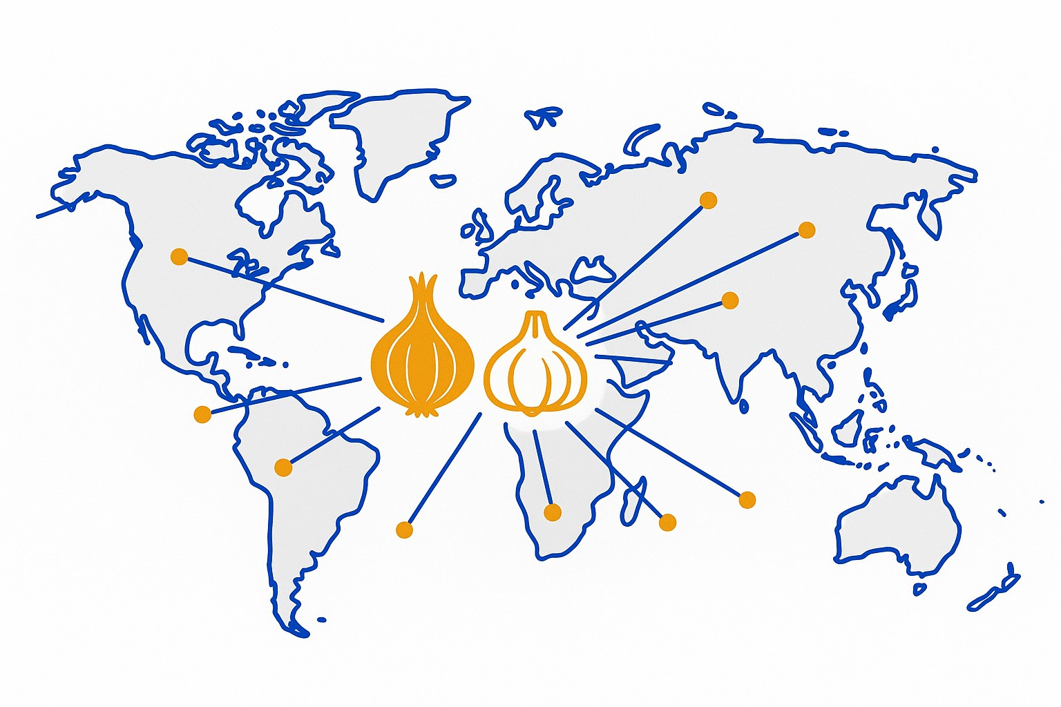 Flat illustration of a whole onion and a garlic bulb side by side above a simple upward-trending price line, symbolising the universal use and price volatility of onion and garlic in professional kitchens