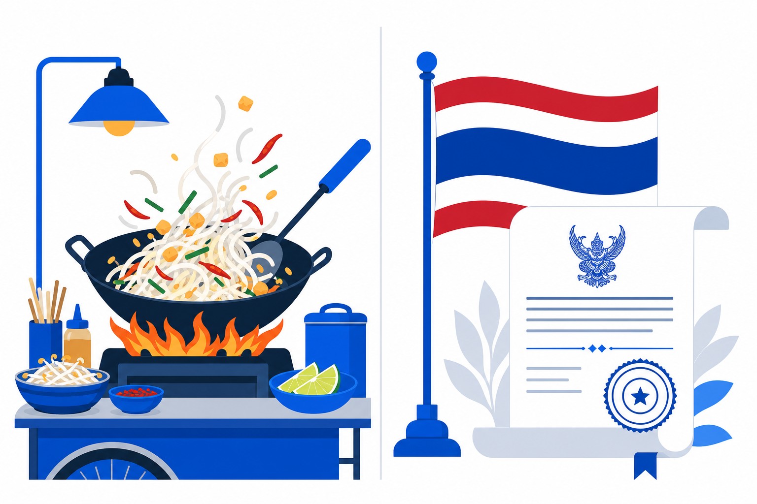 Illustration eines Bangkoker Straßenküchen-Wokstands neben einer thailändischen Nationalflagge