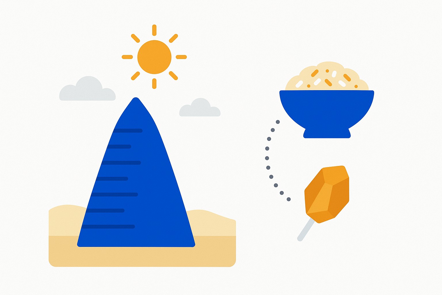 Illustration of a dome-shaped desert ice house beside a bowl of rice grains