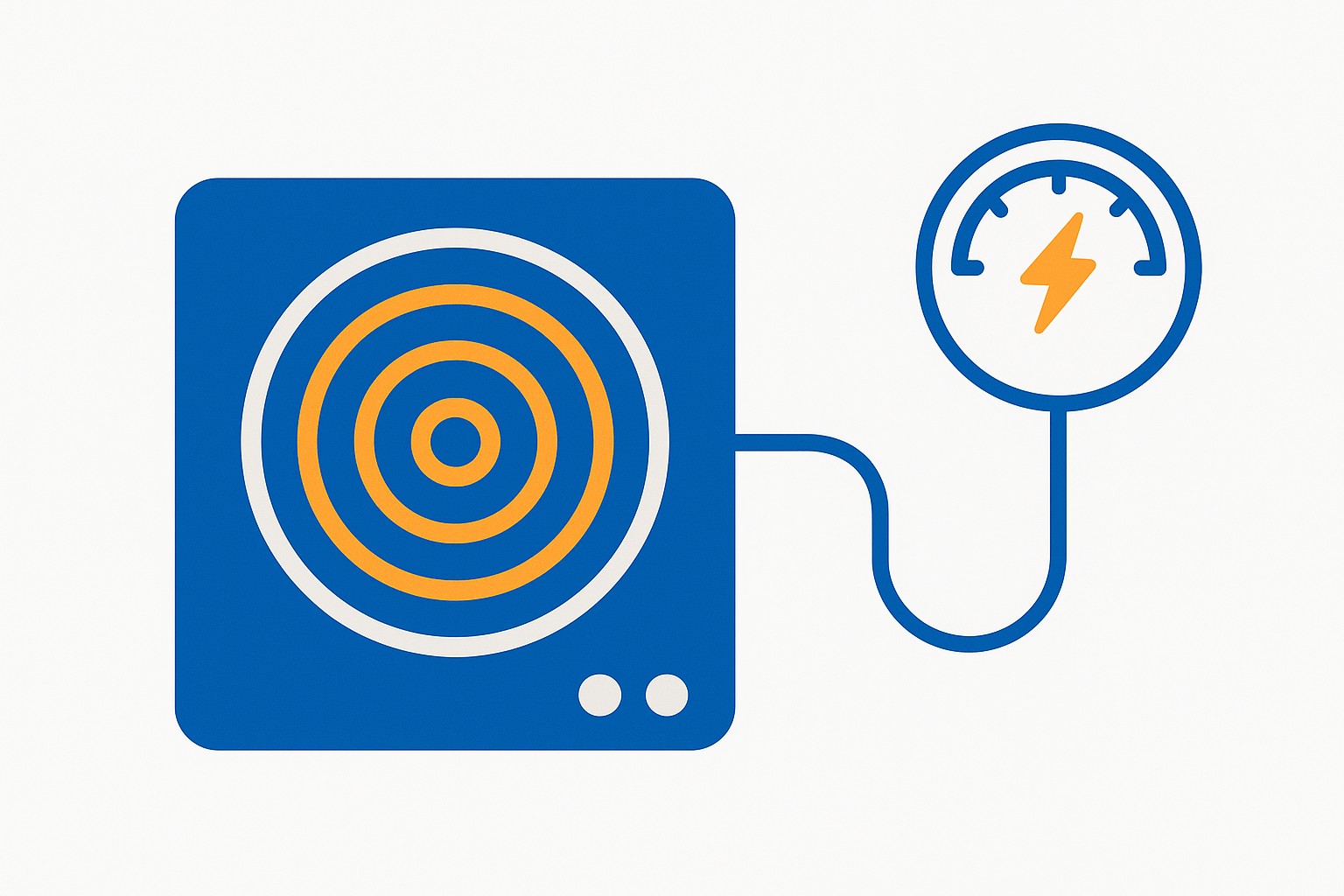Illustration of a professional induction cooktop connected to a digital dashboard displaying energy consumption, cook yield percentages, and cost-per-dish metrics in a modern commercial kitchen setting