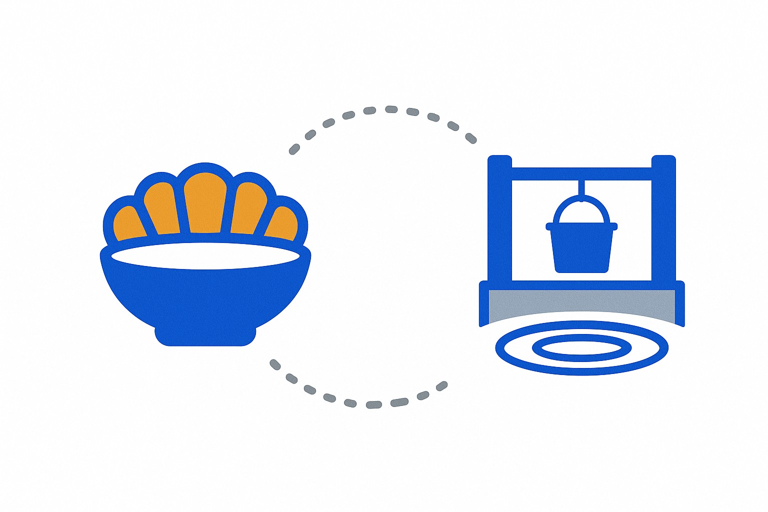 Illustration of a scallop shell and a small clay water jug side by side