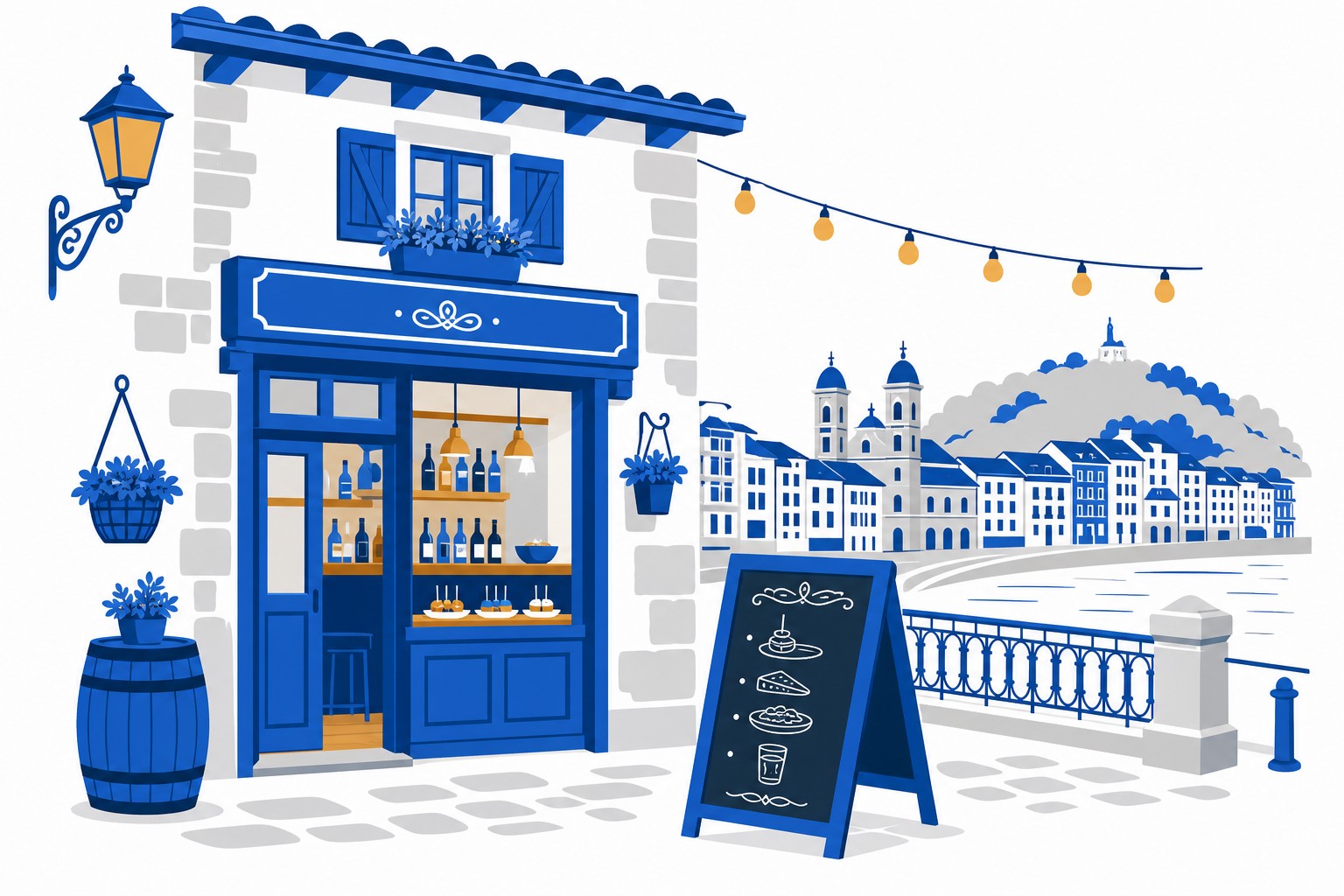 Un charmant devanture de bar du Pays basque à Saint-Sébastien avec des guirlandes lumineuses et un menu écrit à la craie à l'extérieur