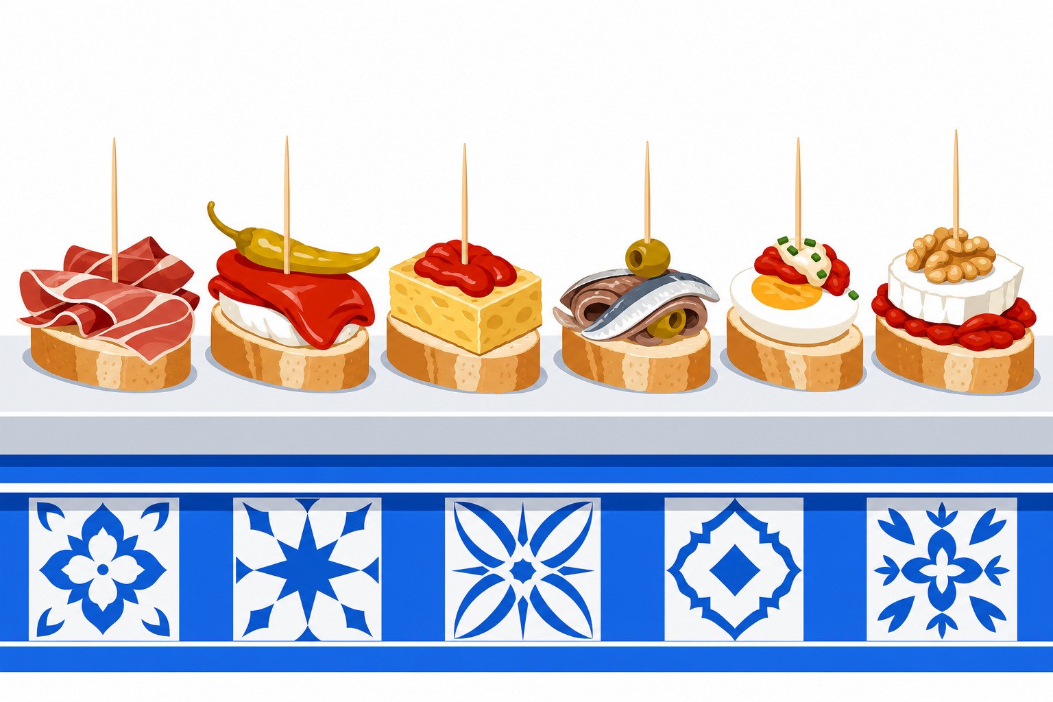 Illustration de pintxos basques sur un comptoir de bar, chacun maintenu par un cure-dent