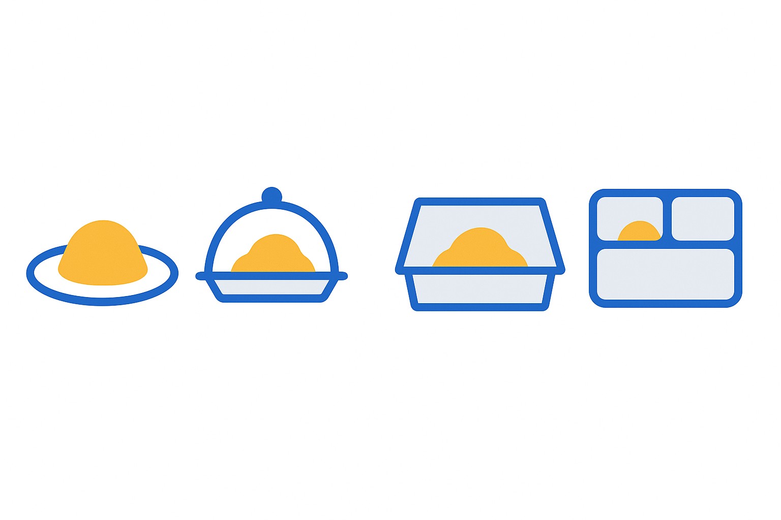 Flat illustration of four different serving formats — a plate, a buffet tray, a hospital tray and a catering platter — each connected to a single measuring icon and marked with a checkmark, representing one portion standard applied across different service channels