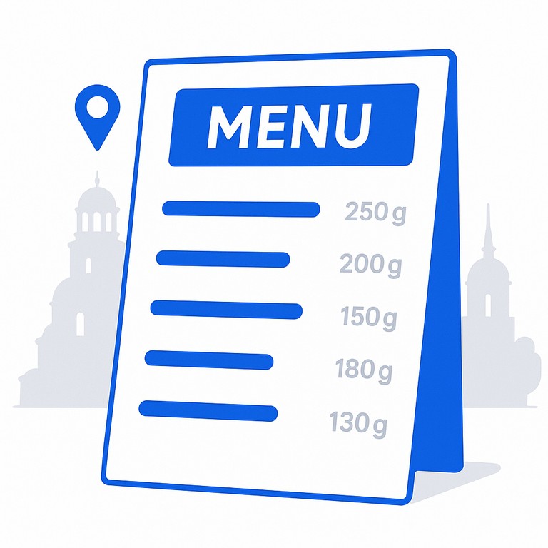 Restaurant menu showing portion weights in grams next to each dish, flat vector illustration