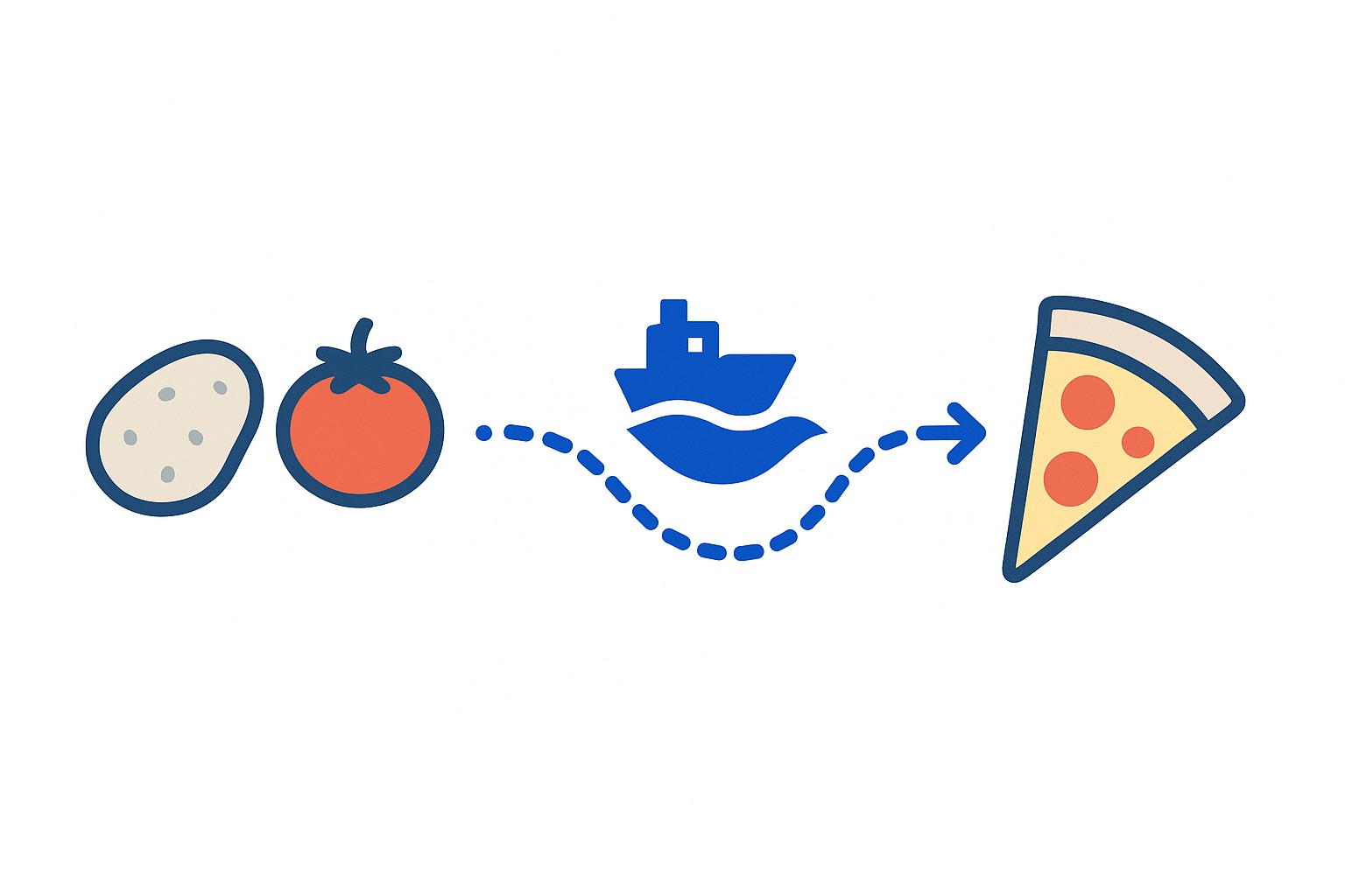 Flat illustration of a potato and a tomato on either side of a sailing ship crossing the Atlantic, symbolising the Columbian Exchange between the Americas and Europe