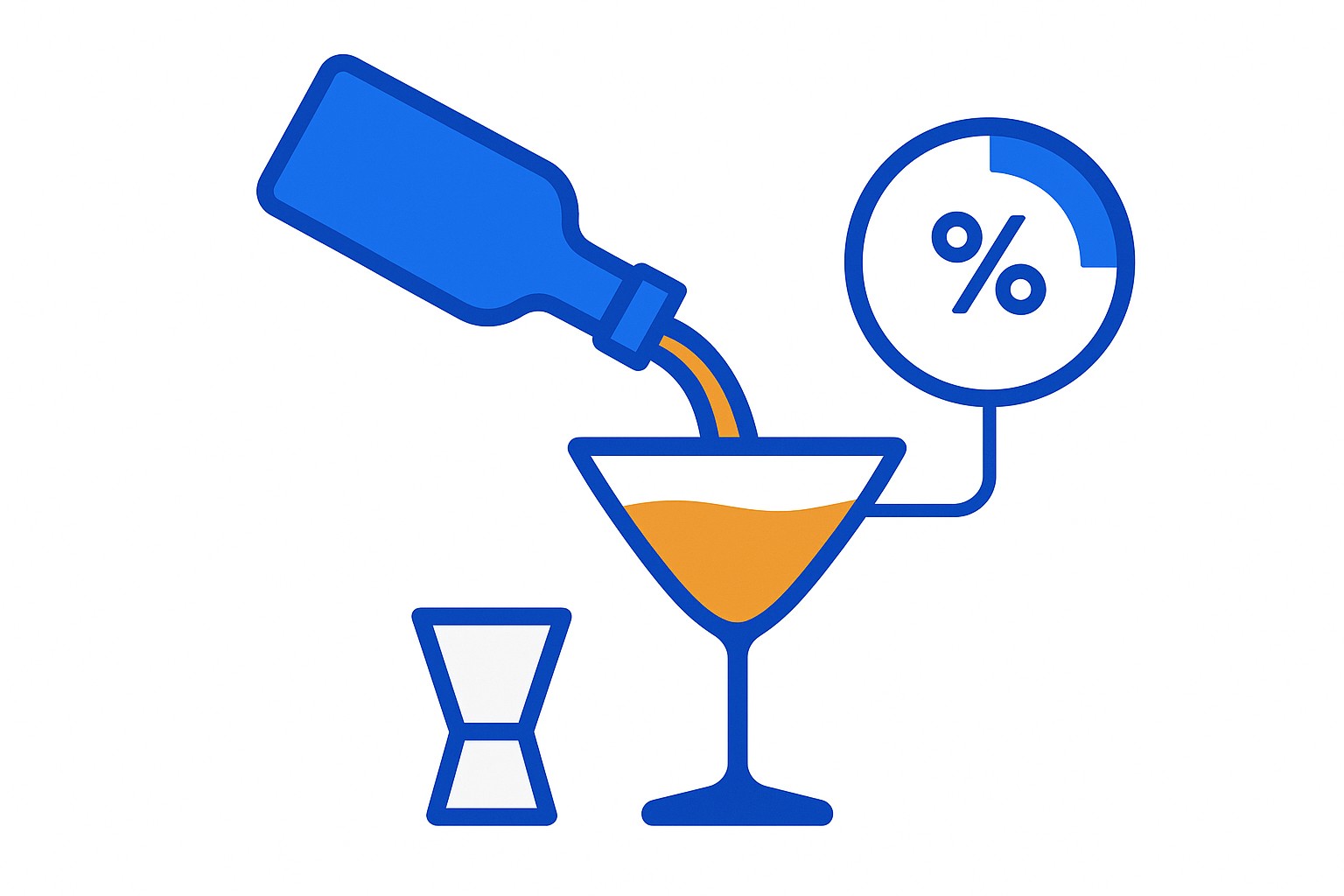 Illustration of a jigger pouring a measured shot of spirit next to a rising cost percentage gauge