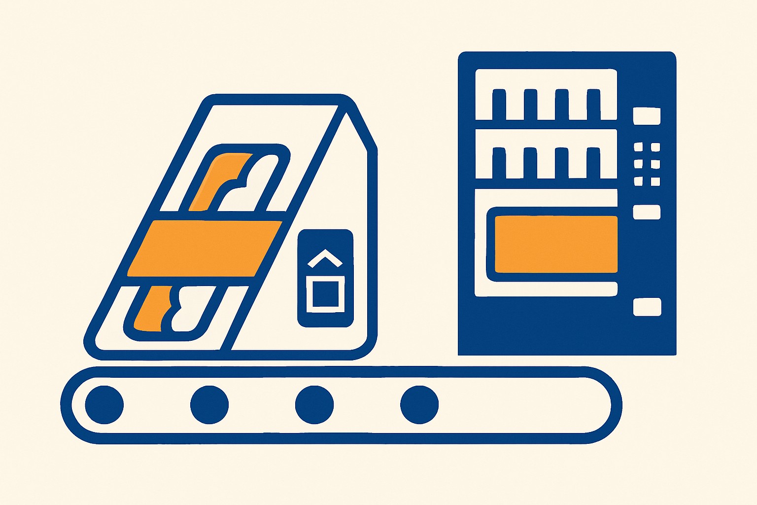 A pre-packed sandwich on a conveyor line with a wrapper carrying a printed use-by label next to a blank space for a recycling pictogram