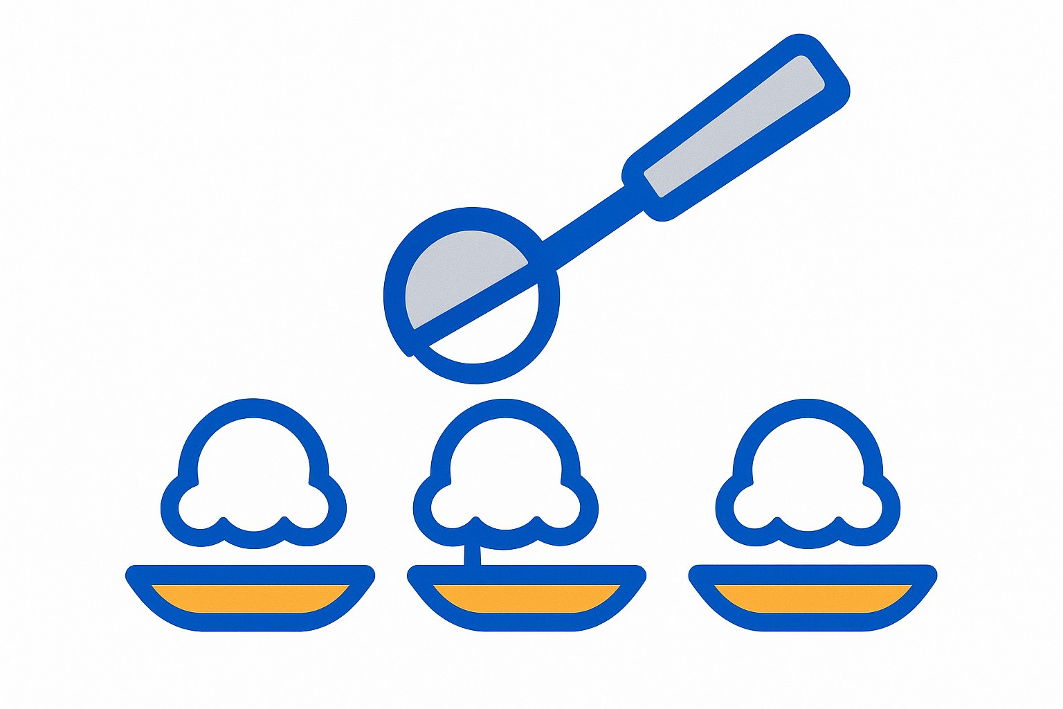 Illustration of an identical row of plates, each with the same portion of food measured by a scoop and scale, symbolising consistent portioning across every service