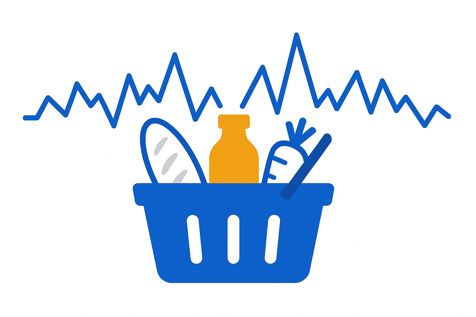Illustration of a world map connected by trade lines to a rising and falling price chart, with a cattle icon, an orange, and an olive branch marking three different commodities