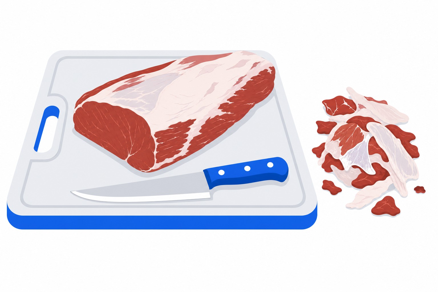 Una estación de carnicería con un corte de carne parcialmente recortado, un cuchillo y un montón aparte de recortes