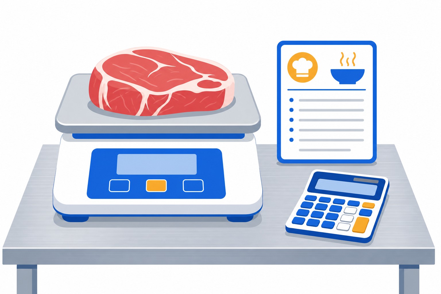 Una báscula de cocina pesando un corte de carne cruda junto a una ficha técnica y una calculadora